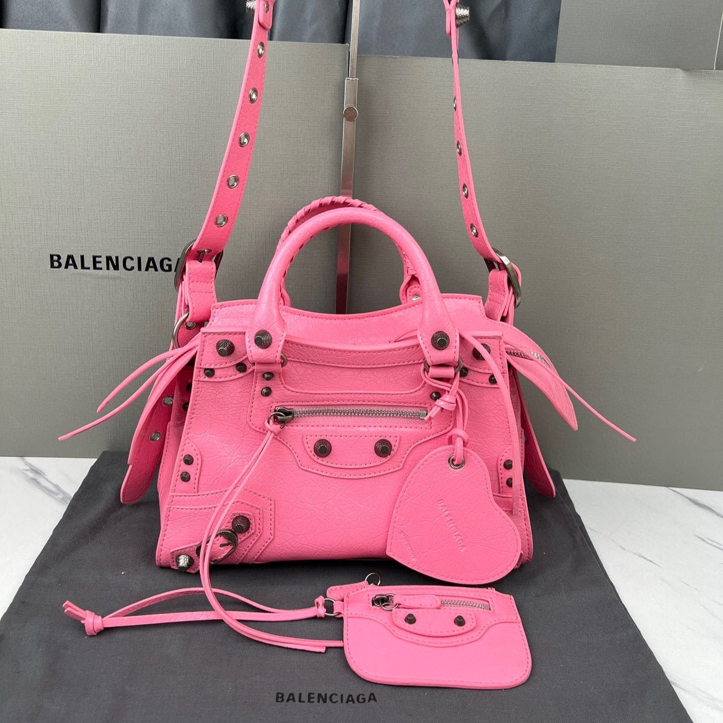 PINK Paris Neo Cagole Biker Bag 2023 - Edgy Heart Mirror Bucket Bag | 26cm Statement Piece
