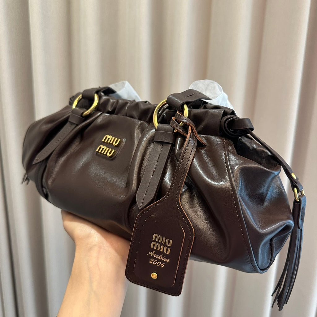 MiuMiu Joie Dumpling Bag Chocolate 32x16x11cm | Top Handle & Underarm Carry, Streetwear Must-Have