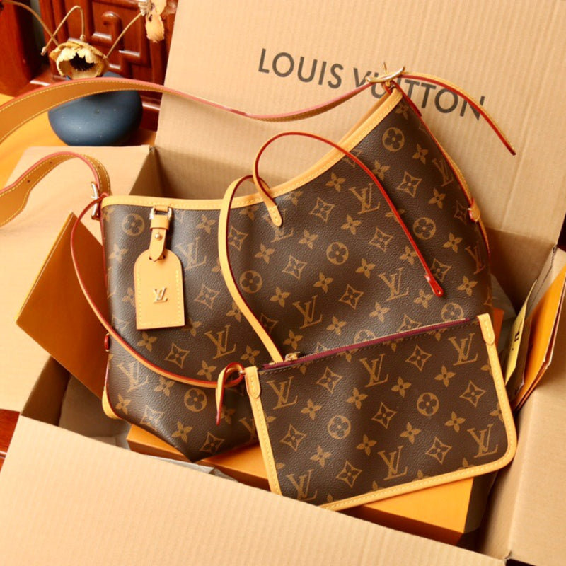 Luxury Original Factory CARRY ALL M Monogram Tote Bag - Large Capacity Adjustable Strap & Detachable Pouch with Full Packaging