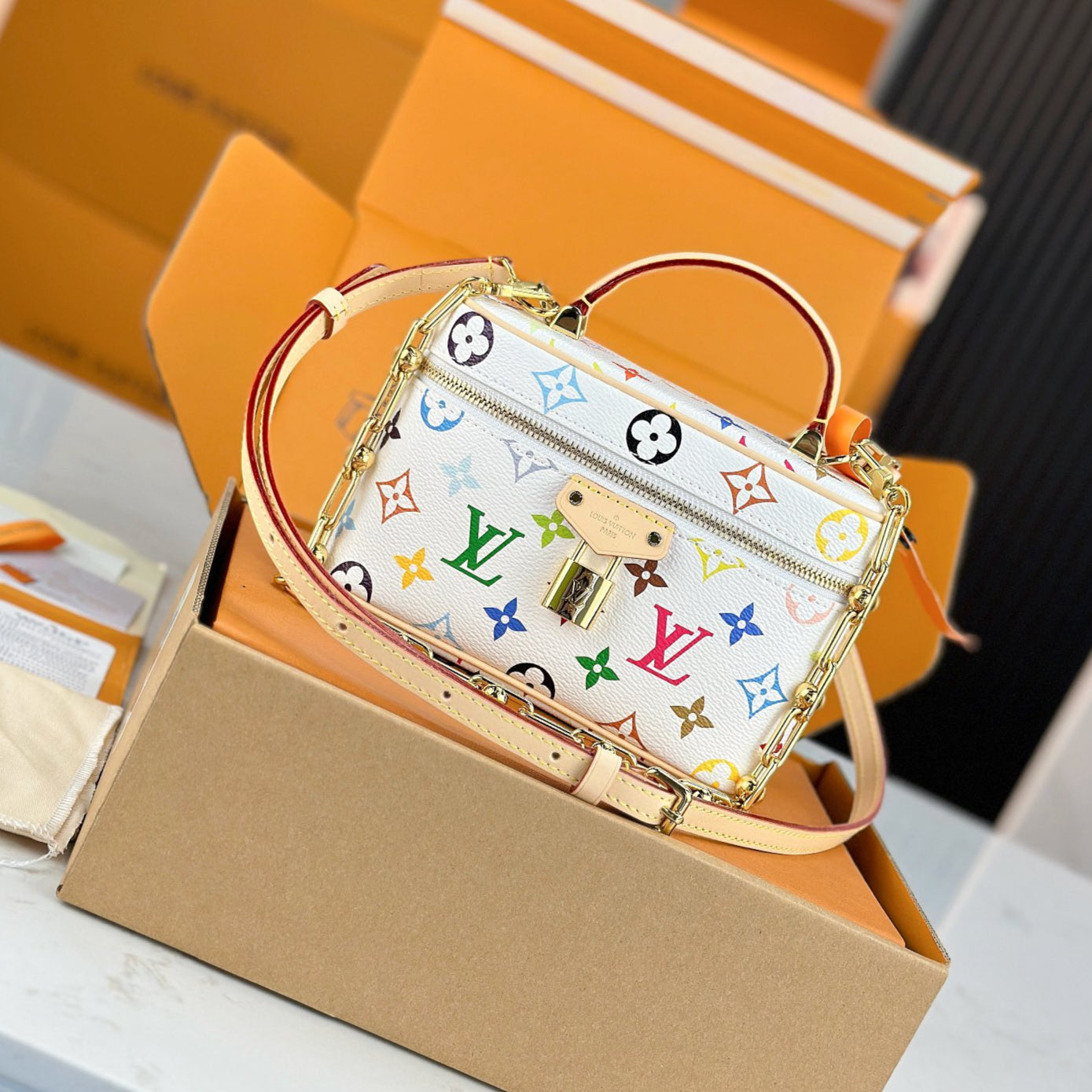 LV TM VANITY CHAIN POUCH Handbag | A+ Stainless Steel Chain | Premium MB Elastic Fabric | Duty-Free Gift Box