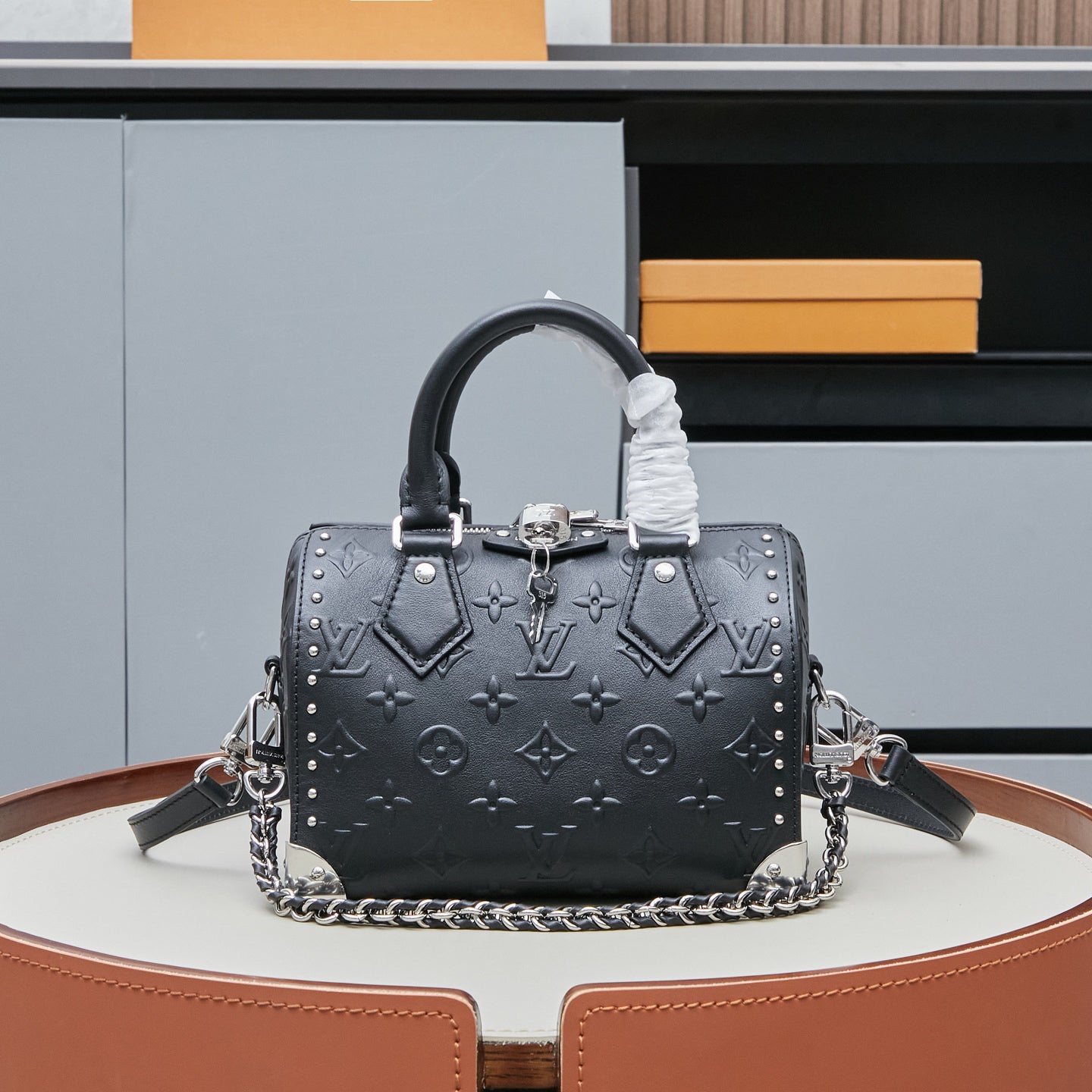 Louis Vuitton 2025 Cruise Collection Dynamic Monogram Bold Speedy 20 Trunk Handbag - Embossed Calfskin Metal Accents Detachable Chain Strap