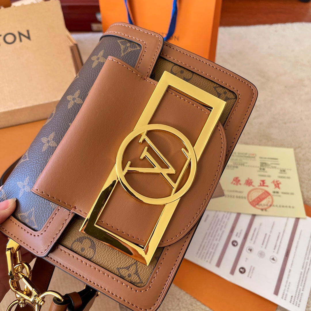 Louis Vuitton 2023 Spring Summer New Dauphine Bag with Oversized Logo, Gold Hardware, Futuristic Design, Foldable Gift Box & Airplane Box (20*13cm)