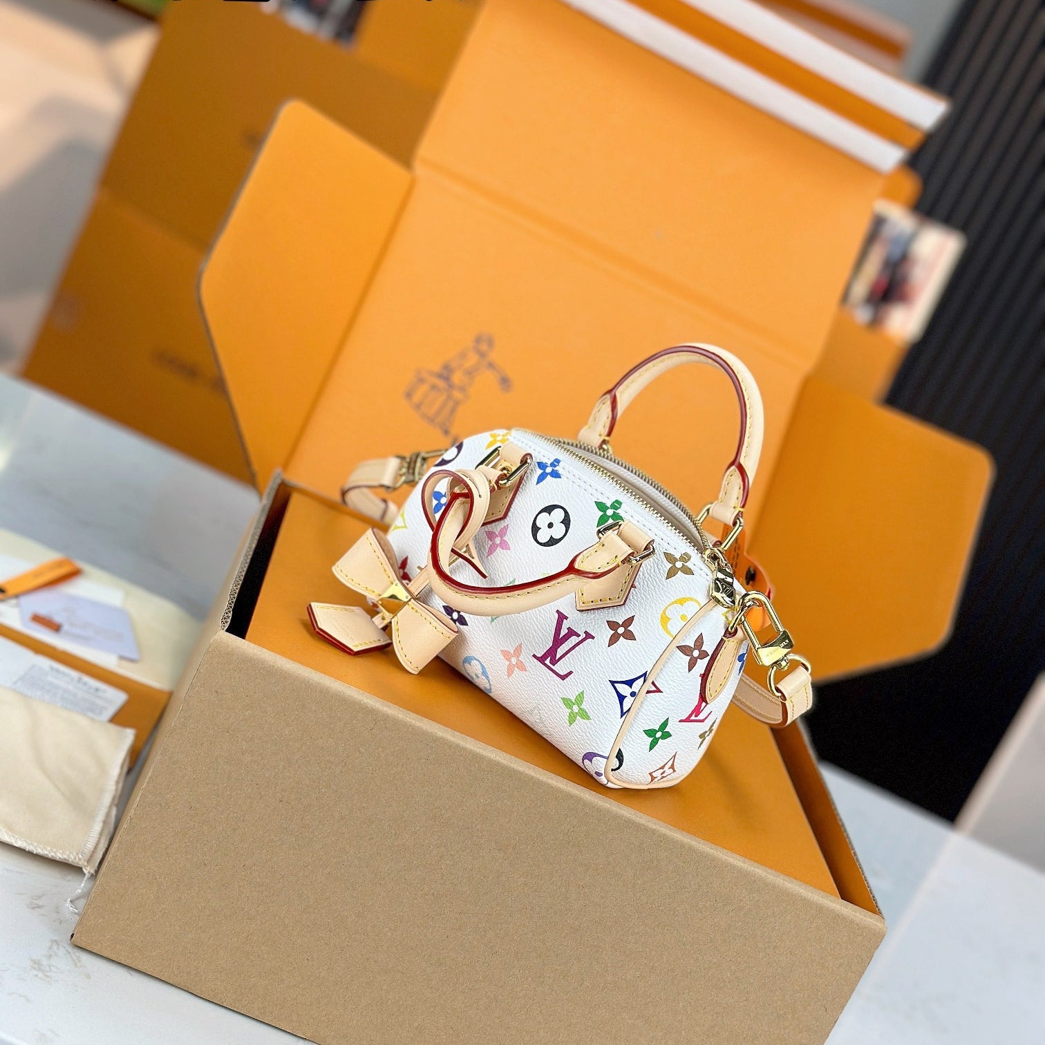 LV x TM NANO SPEEDY Handbag | A+ Stainless Steel Hardware | Premium MB Elastic Fabric | Duty-Free Luxury Set