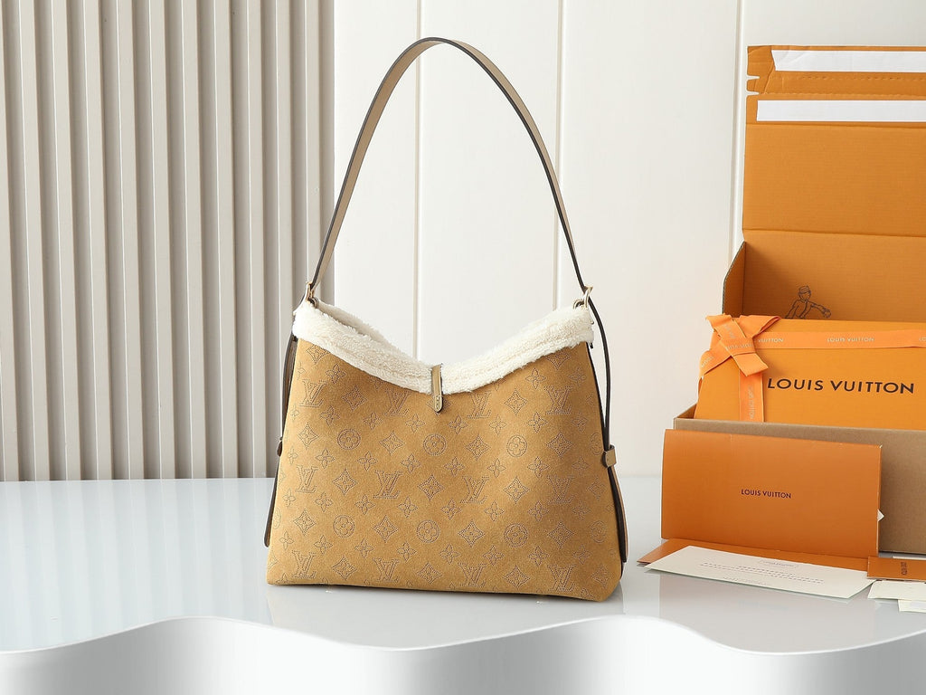 Louis Vuitton CarryAll Small Handbag | LV Ski Collection Monogram Perforated Suede Leather | Dynamic Anti-Counterfeit Chip & Magnetic Closure | Shearling Trim Winter Design | Detachable Adjustable Strap 29x24x12cm