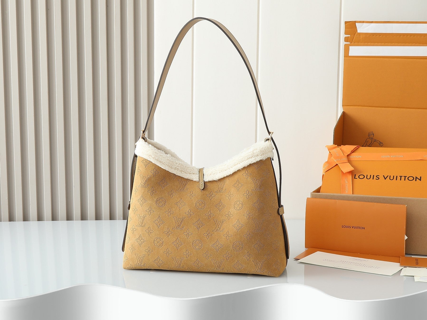 Louis Vuitton CarryAll Small Handbag | LV Ski Collection Monogram Perforated Suede Leather | Dynamic Anti-Counterfeit Chip & Magnetic Closure | Shearling Trim Winter Design | Detachable Adjustable Strap 29x24x12cm