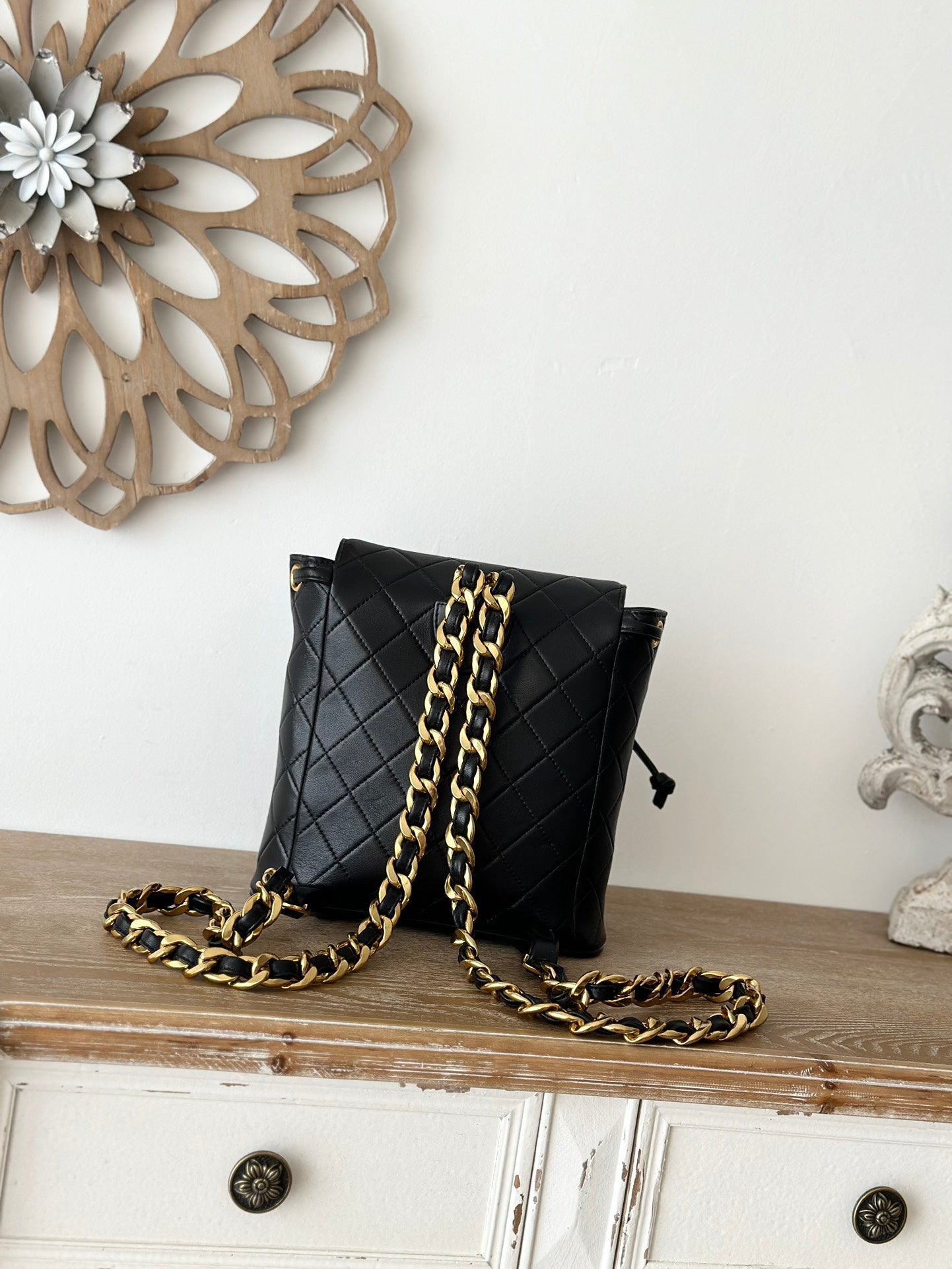 Chane Vintage Backpack | Heirloom Classic Design | Lambskin Quilted Pattern | Double C Logo Gold Chain | Black All-Season Versatile Bag