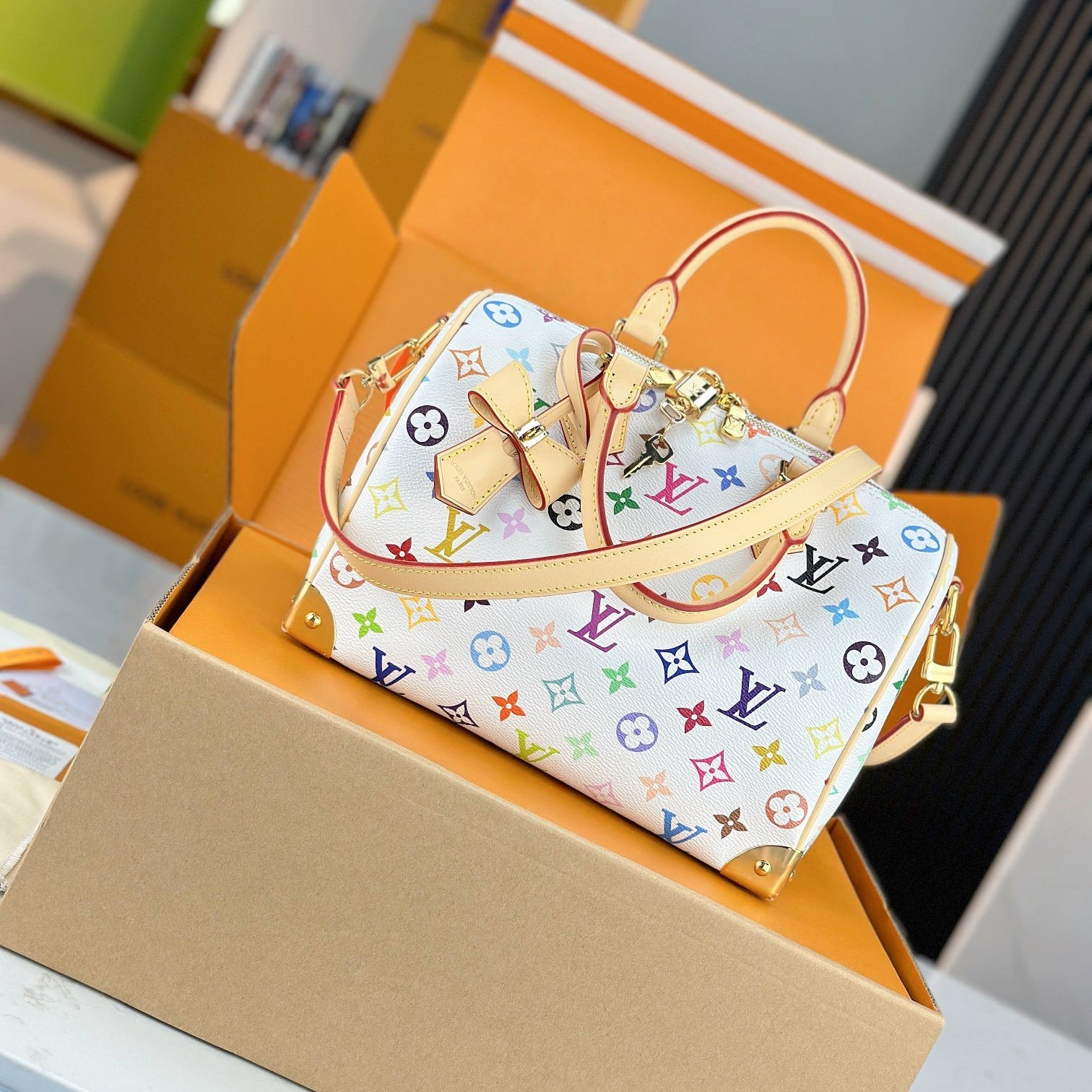 LV TM SPEEDY BANDOULIÈRE 25 Handbag | A+ Stainless Steel Hardware | Premium MB Elastic Fabric | Duty-Free Gift Set