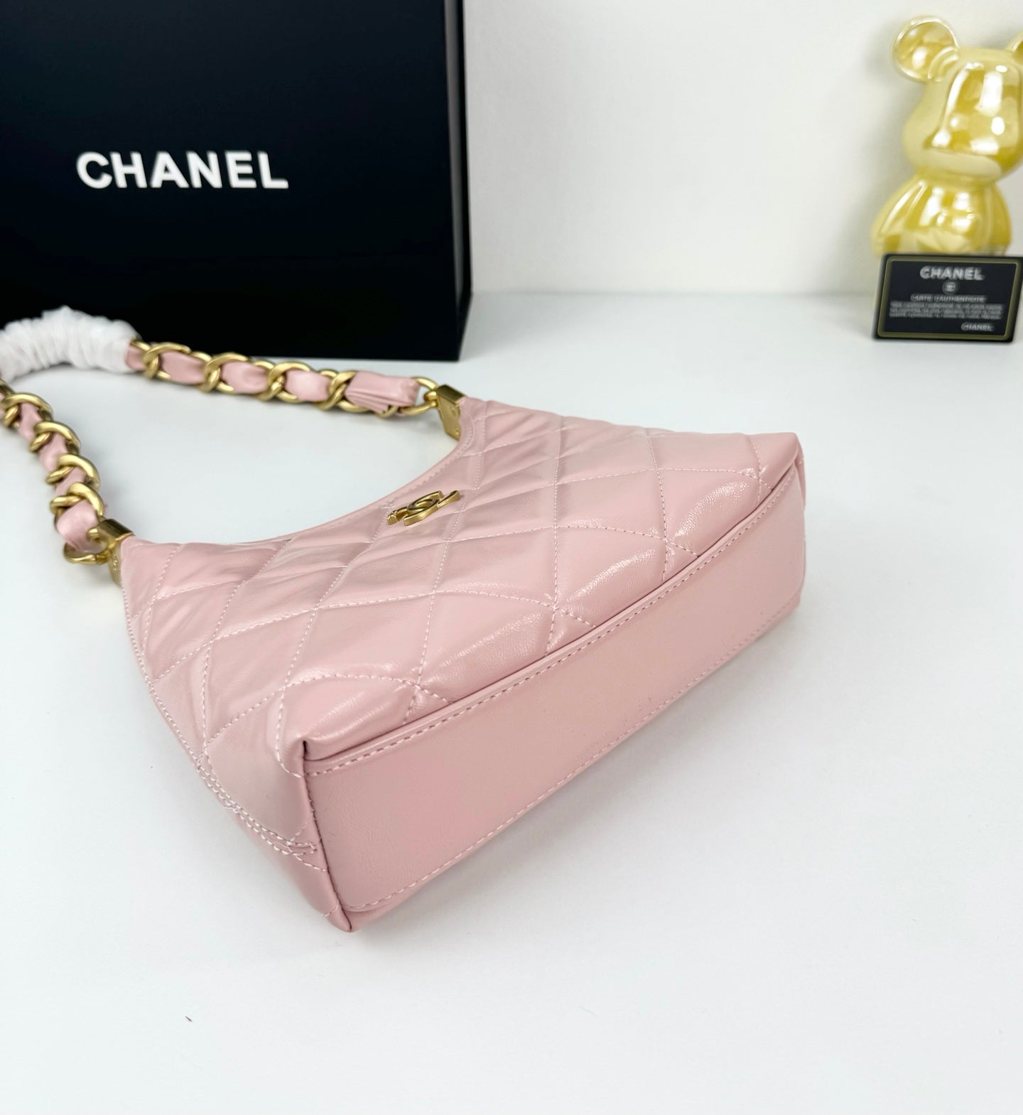 Chanel Sakura Pink Hobo Bag | 24K Gold Chunky Chain Strap | 22cm Lightweight Wax Leather Crossbody