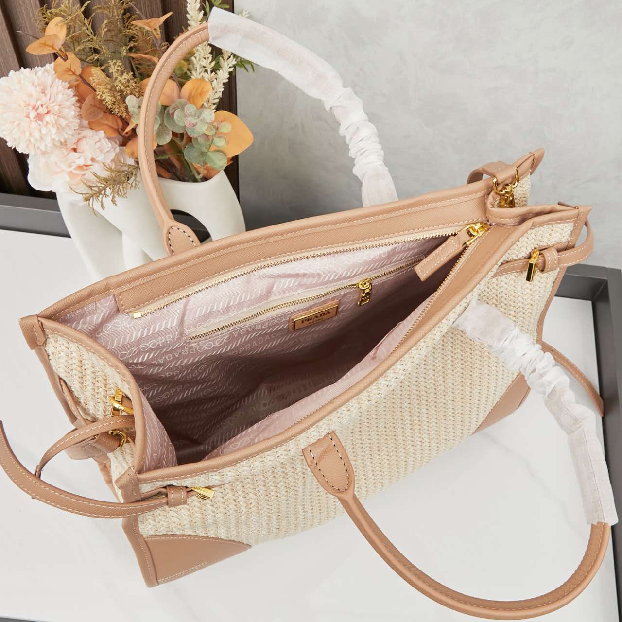 🌴 PRADA Raffia Tote Bag 38x30x12｜Waterproof Lining & Detachable Strap｜Summer Woven Beach Bag