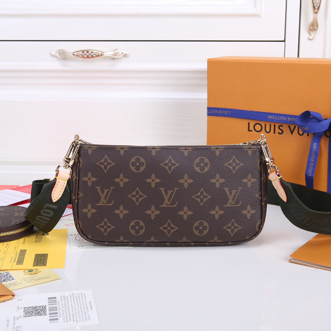 Luxury 3-in-1 Monogram Canvas Handbag Set | Multi-Pochette Crossbody Bag 24cm (Emerald/Pink/Caramel) with Full Packaging