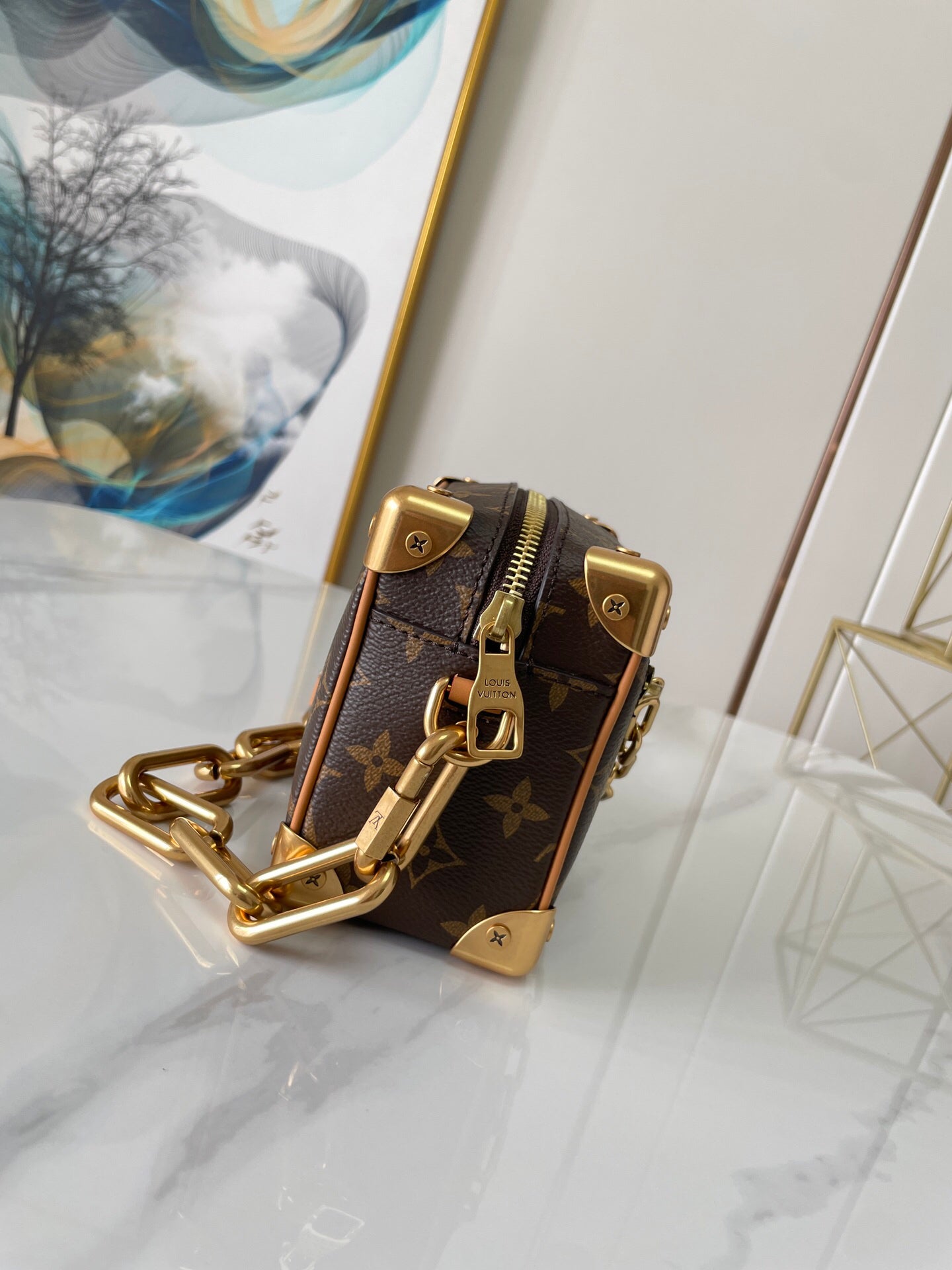 LV SOFT TRUNK Vintage Soft Box Chain Messenger Bag - Original Factory Leather, Top-Quality Replica, Full Packaging Size 18.5×13×8cm