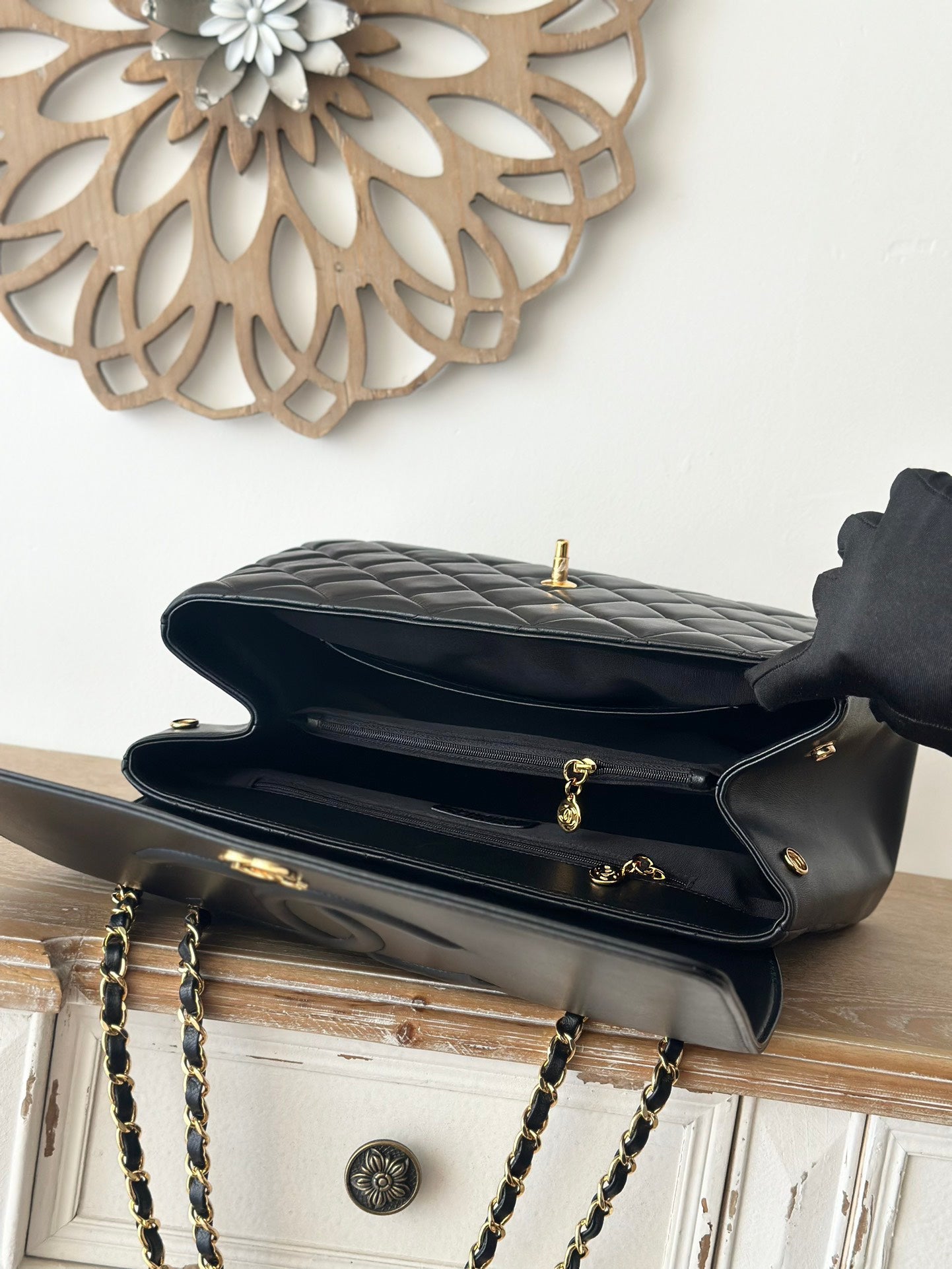 CHANEL Black Lamb Skin Double Chain Shoulder Bag 33x23x11cm | Caviar Quilted Series, Spacious Fiber Lining