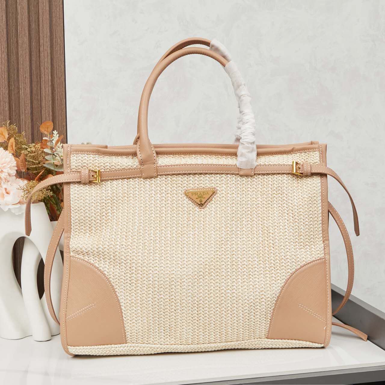 🌴 PRADA Raffia Tote Bag 38x30x12｜Waterproof Lining & Detachable Strap｜Summer Woven Beach Bag