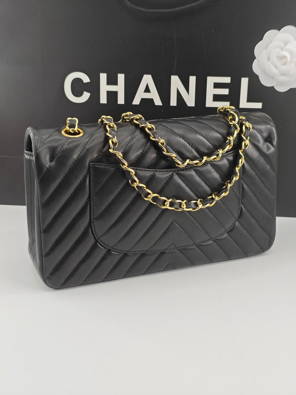 Chanel CF1112 Classic Black Gold Lambskin Bag | Stamped Chip Edition | 24K Gold Plated Hardware | Luxury Choice for Gatherings