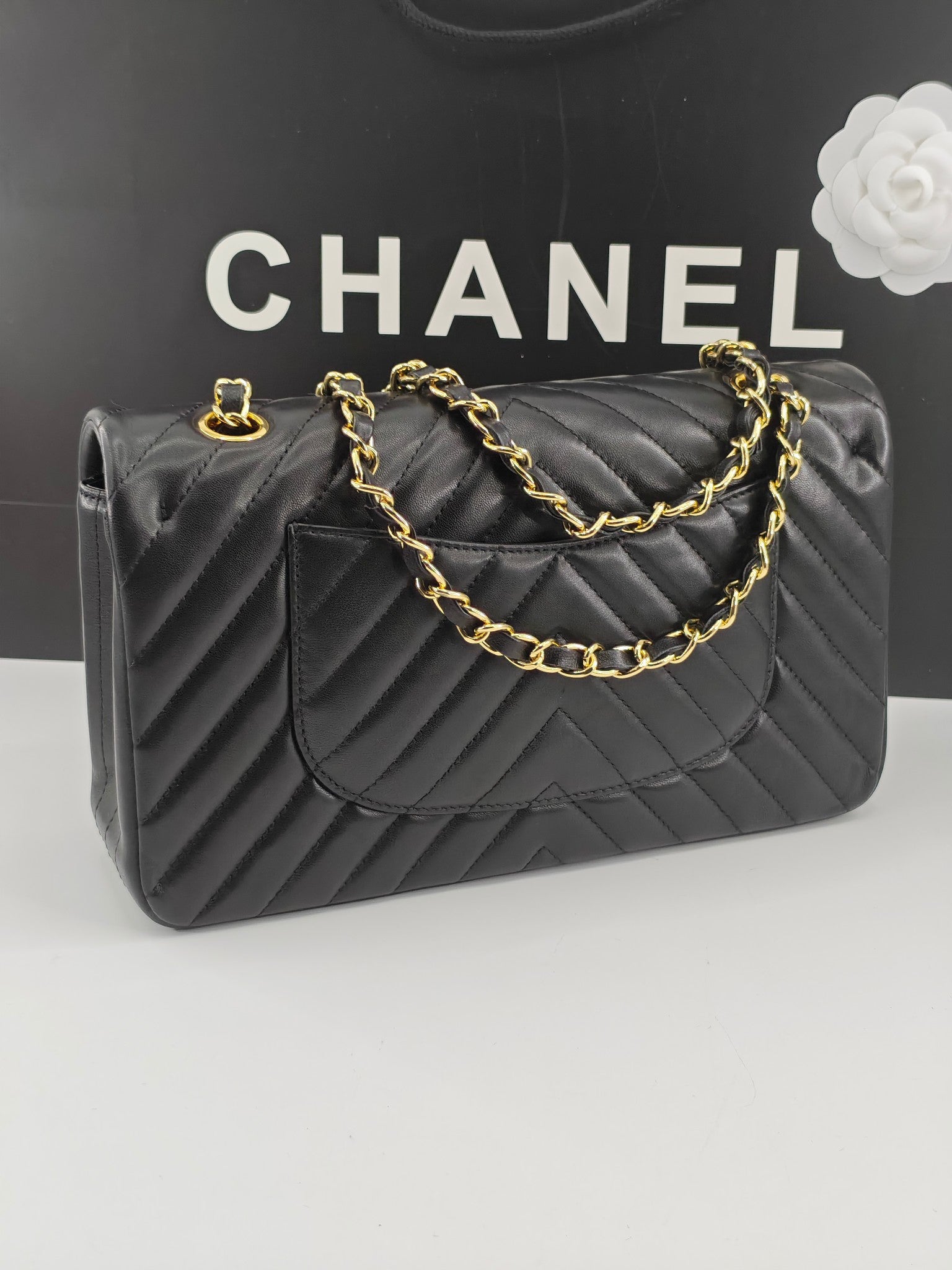 Chanel CF1112 Classic Black Gold Lambskin Bag | Stamped Chip Edition | 24K Gold Plated Hardware | Luxury Choice for Gatherings