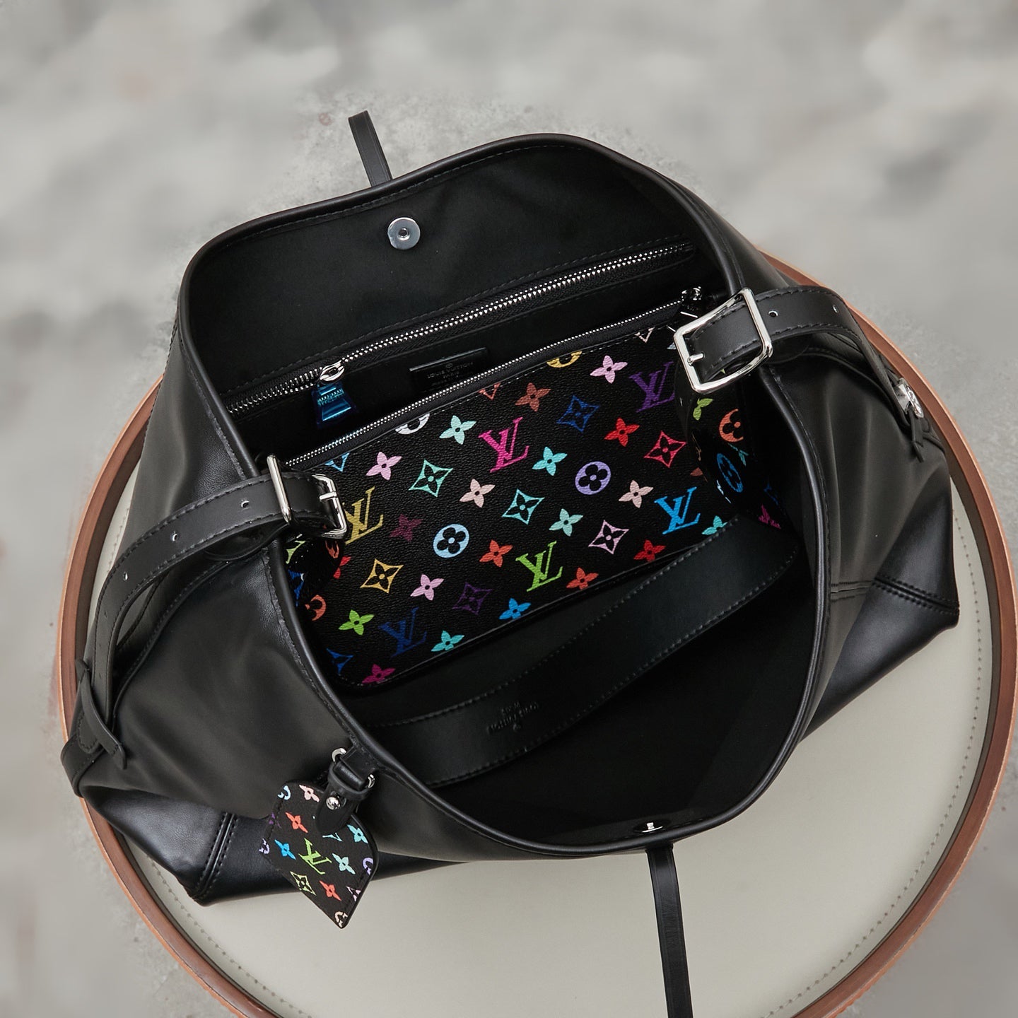 CarryAll Dark Medium Tote Bag | Black Murakami Tri-Color Collaboration | Soft Sheepskin Lazy Silhouette | Spacious 2024 SS Travel Companion