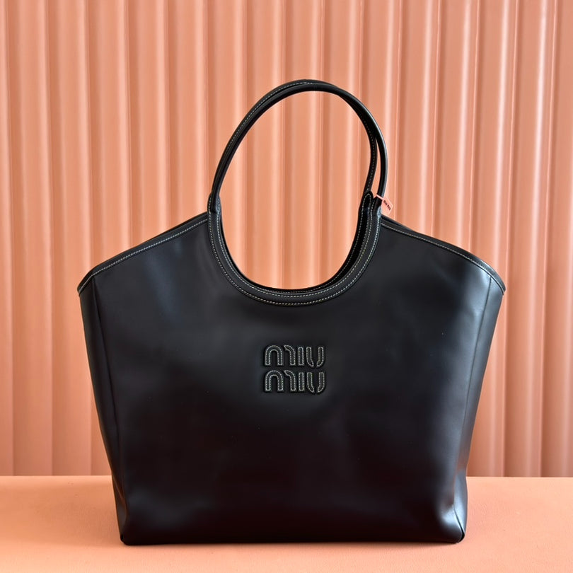 MIU LVY Leather Tote Bag 40cm - Premium Genuine Leather with Gold Hardware & Dual Zipper Pockets