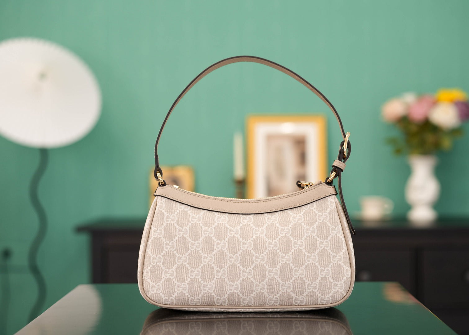 Ophidia Mini Shoulder Bag | Beige 25cm | Italian Marbella Pell Leather  Monogram PVC | Solid Brass Hardware with Full Packaging