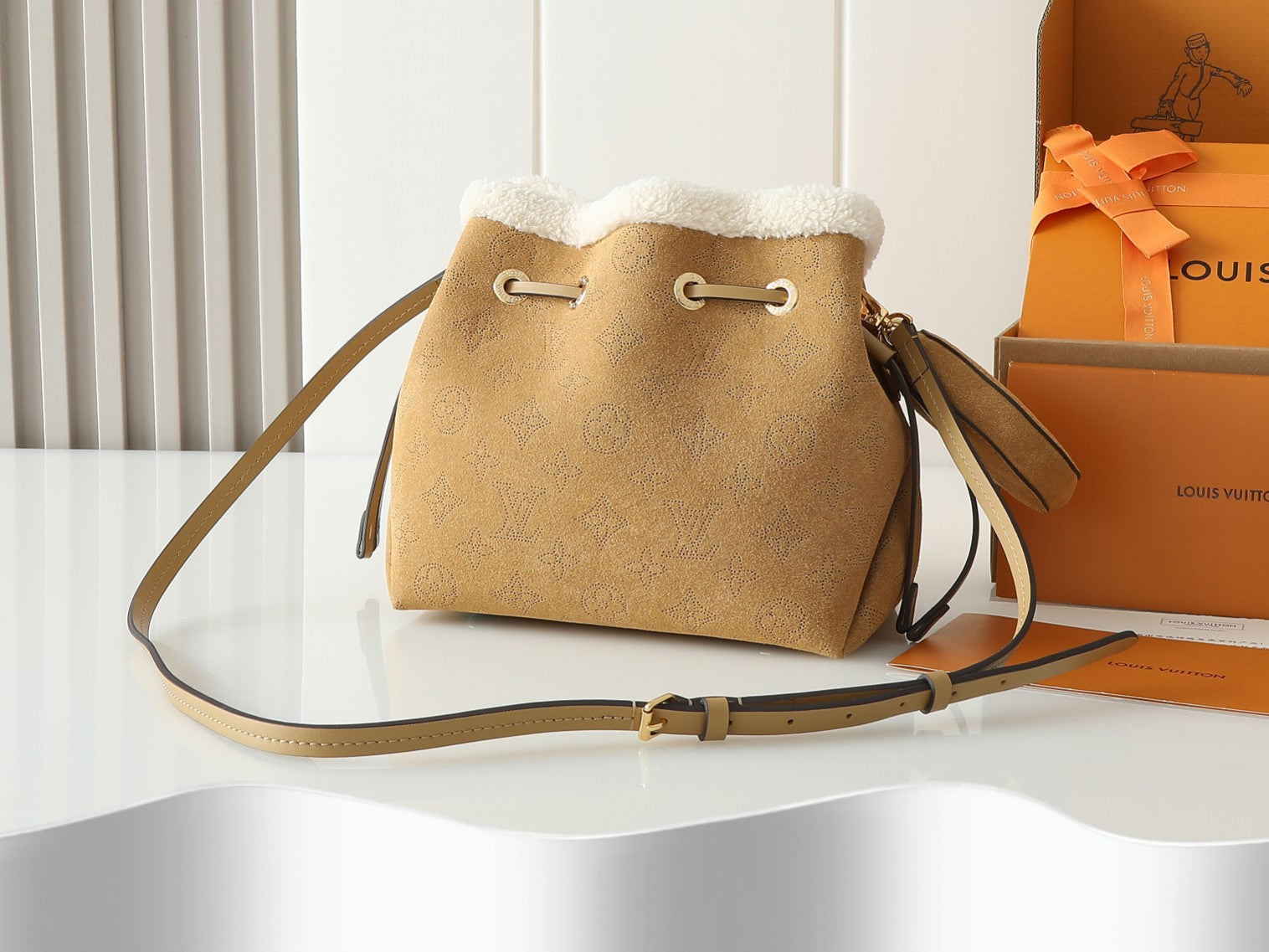 LV Ski Collection Bella Bag | Embroidered Suede Calfskin & Shearling Trim Shoulder Bag with Detachable Chain
