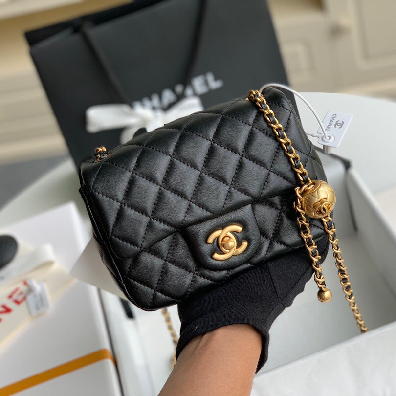 Chanel-Inspired Mini Square Bag with Metal Ball Chain - 13x18x7cm Genuine Lamb Leather Shoulder Bag Full Set Packaging