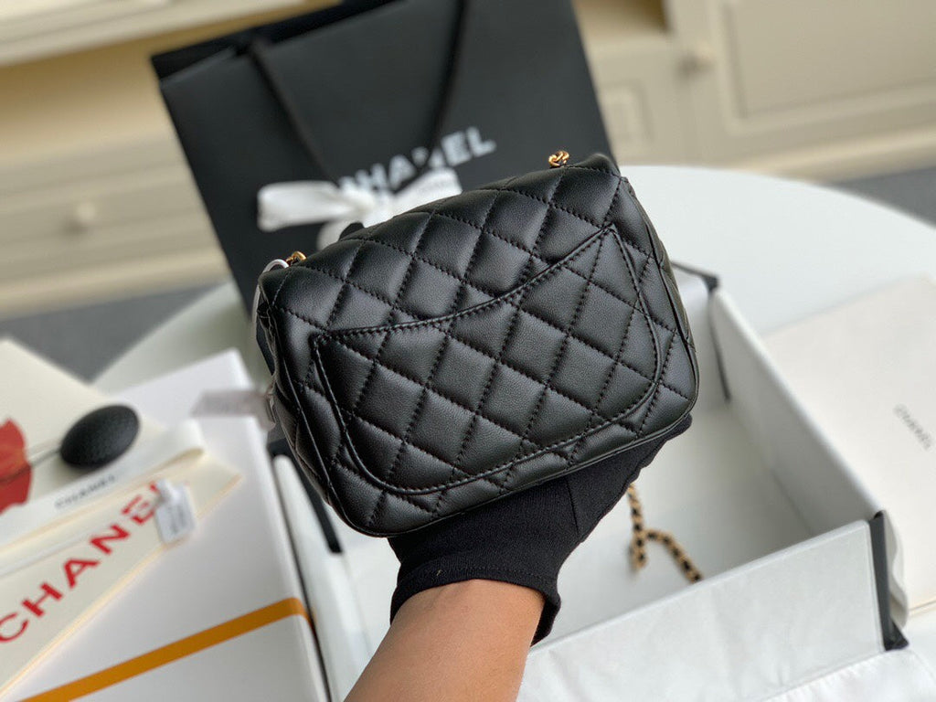 Chanel-Inspired Mini Square Bag with Metal Ball Chain - 13x18x7cm Genuine Lamb Leather Shoulder Bag Full Set Packaging