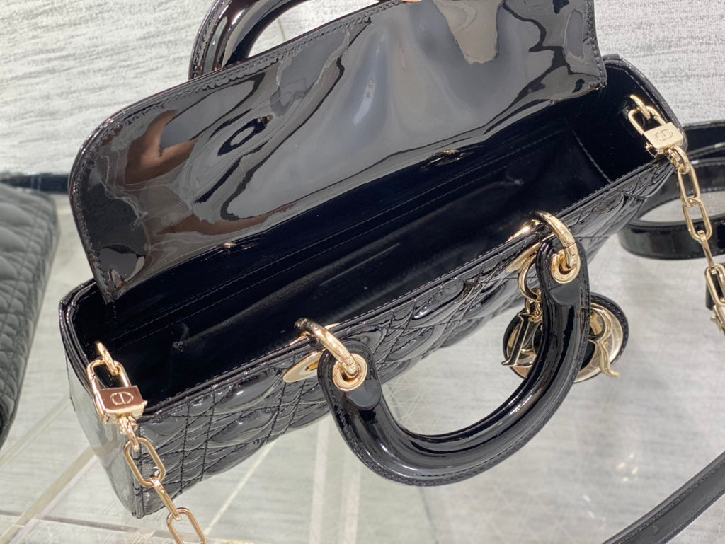 Dior D-Joy Medium Glossy Leather Handbag 26cm Dual Straps Full Set Packaging Quilted Pattern Luxury Tote