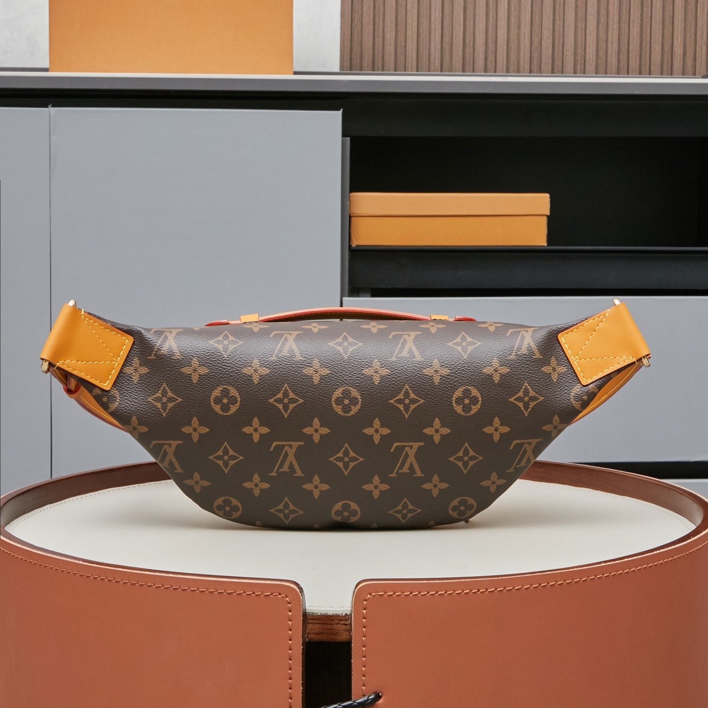 Rush Waist Bag - Monogram Canvas Multifunctional Crossbody Bag with Adjustable Strap, Leather Handle & Beaded Zipper Pocket (30×15×8cm)