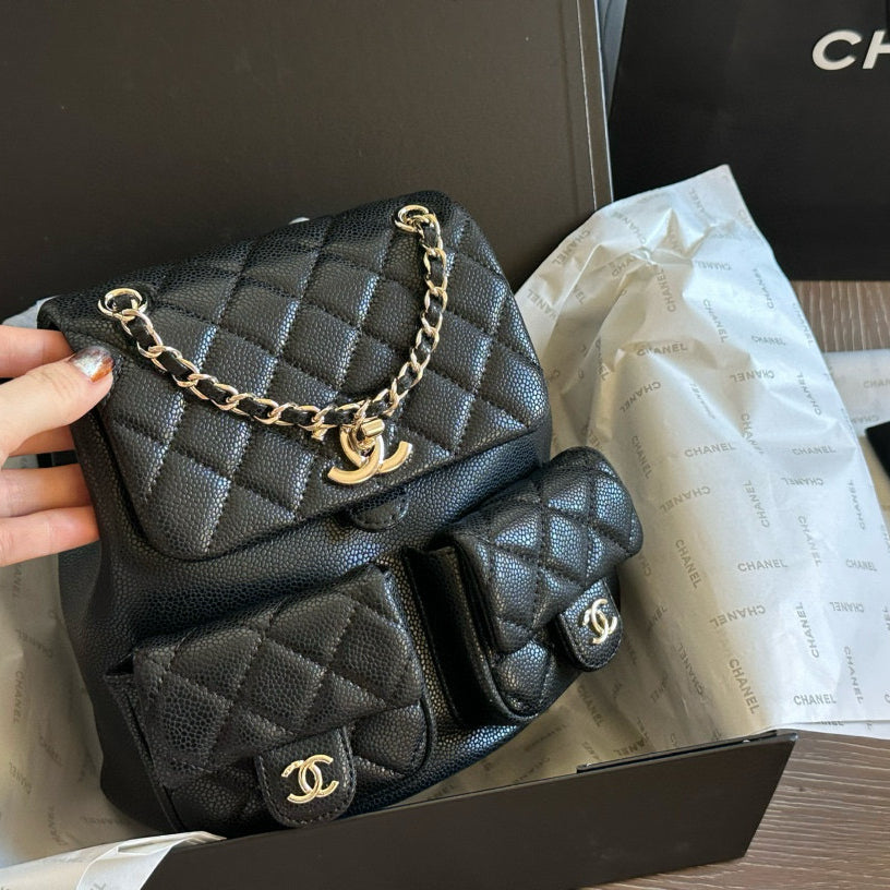 Chanel Duma "Frog" Backpack  Dual-Pocket Cute Design  Adjustable Chain/Leather Strap  21×22cm Medium Size