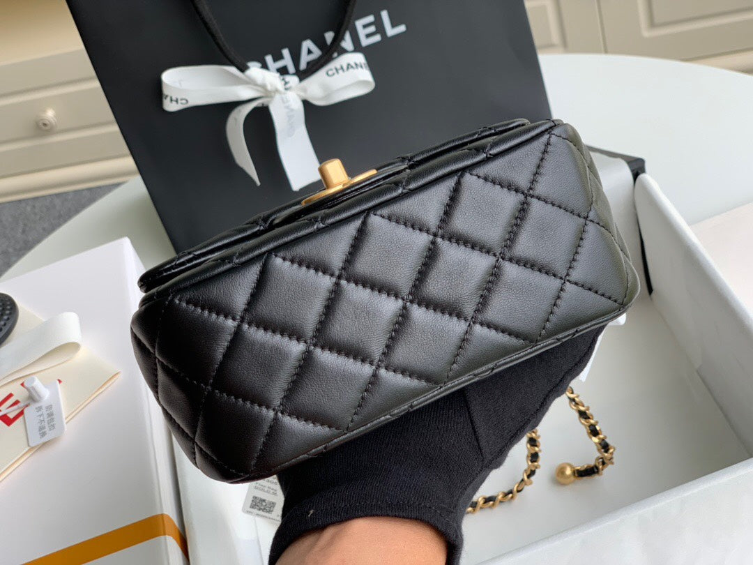 Chanel-Inspired Mini Square Bag with Metal Ball Chain - 13x18x7cm Genuine Lamb Leather Shoulder Bag Full Set Packaging