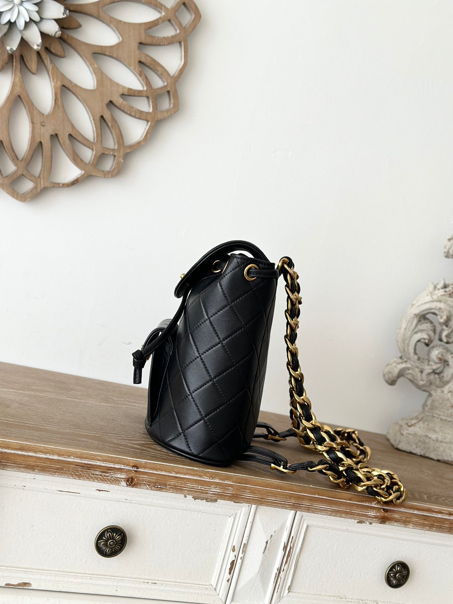 Chane Vintage Backpack | Heirloom Classic Design | Lambskin Quilted Pattern | Double C Logo Gold Chain | Black All-Season Versatile Bag