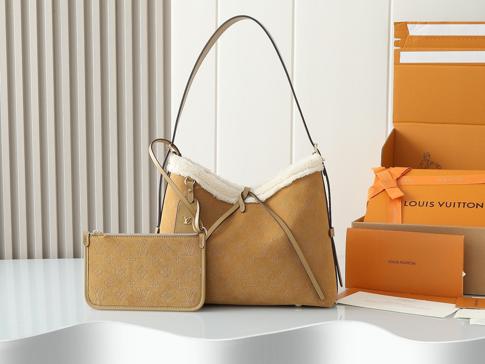 Louis Vuitton CarryAll Small Handbag | LV Ski Collection Monogram Perforated Suede Leather | Dynamic Anti-Counterfeit Chip & Magnetic Closure | Shearling Trim Winter Design | Detachable Adjustable Strap 29x24x12cm