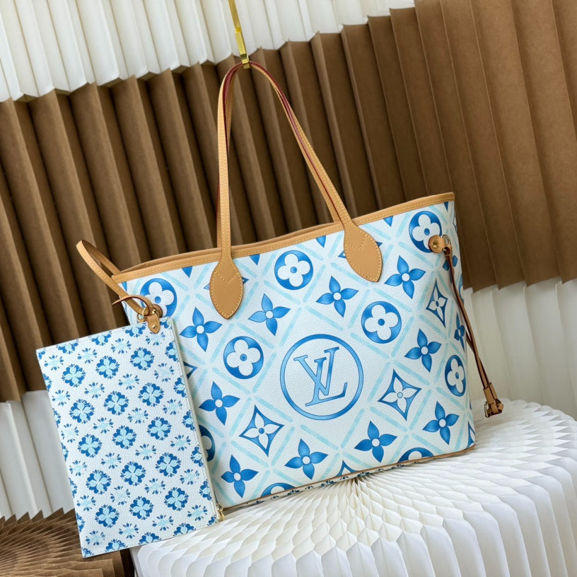 2024 SS Watercolor Tote Medium Bag | Monogram-Inspired Canvas | Detachable Pouch | Spacious Work & Travel