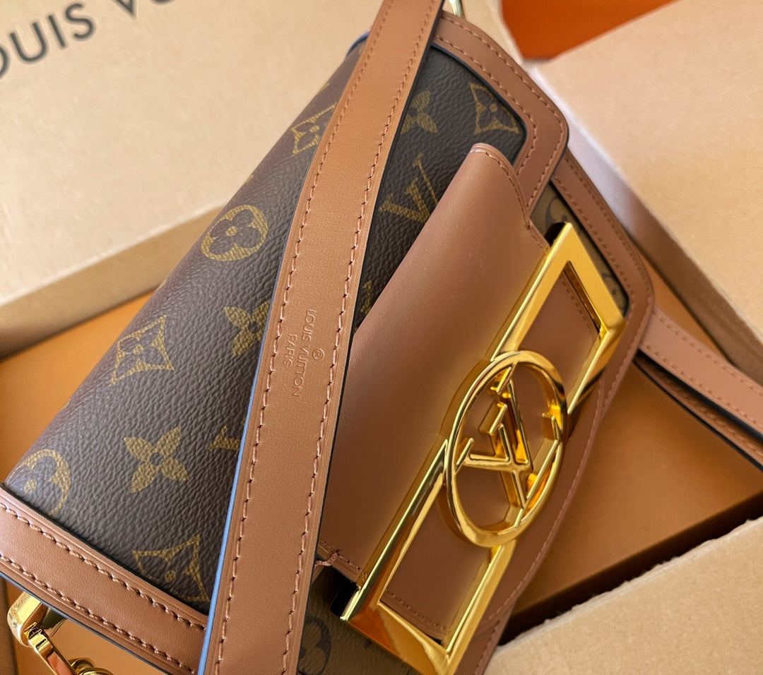 Louis Vuitton 2023 Spring Summer New Dauphine Bag with Oversized Logo, Gold Hardware, Futuristic Design, Foldable Gift Box & Airplane Box (20*13cm)