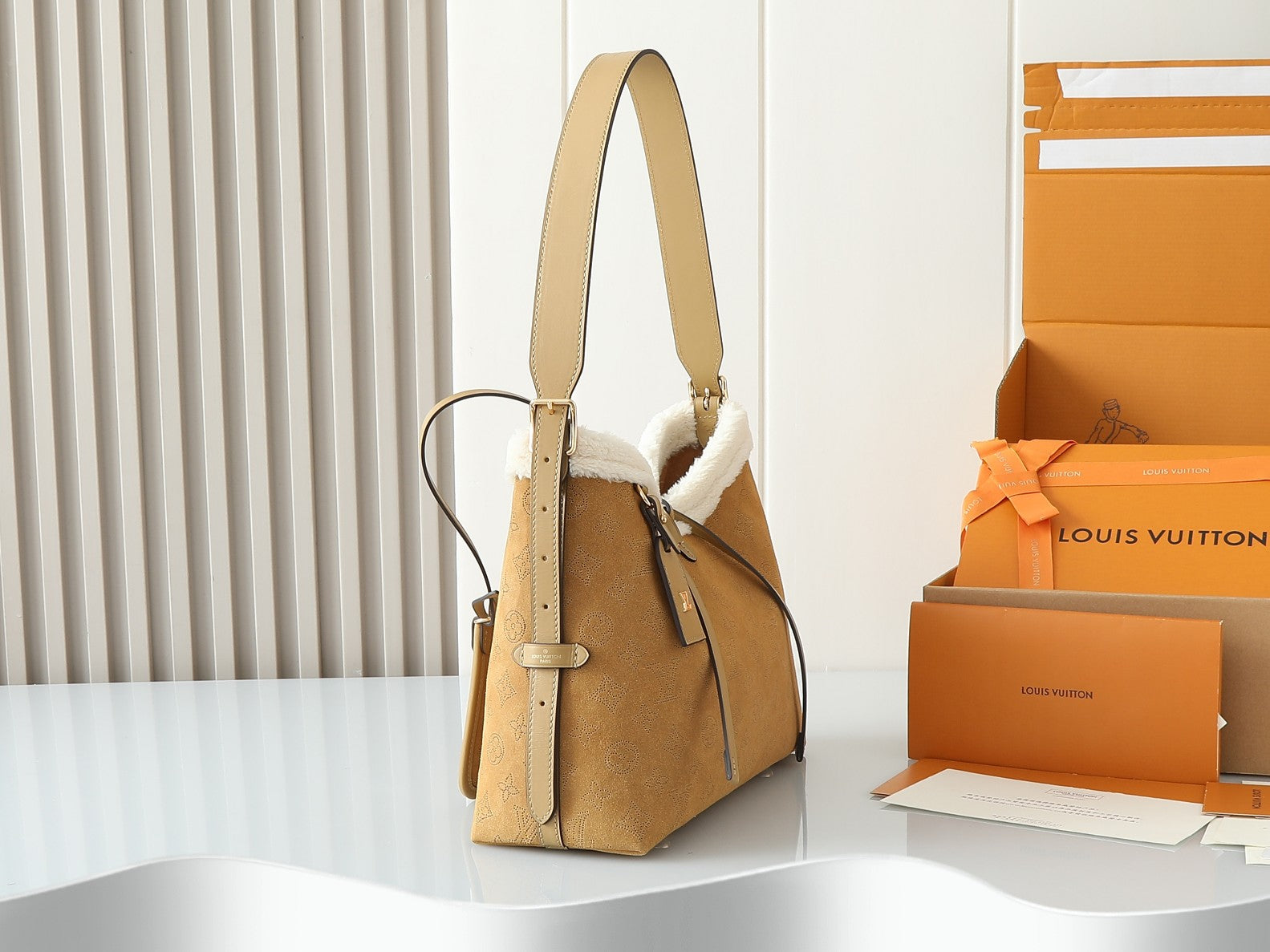 Louis Vuitton CarryAll Small Handbag | LV Ski Collection Monogram Perforated Suede Leather | Dynamic Anti-Counterfeit Chip & Magnetic Closure | Shearling Trim Winter Design | Detachable Adjustable Strap 29x24x12cm