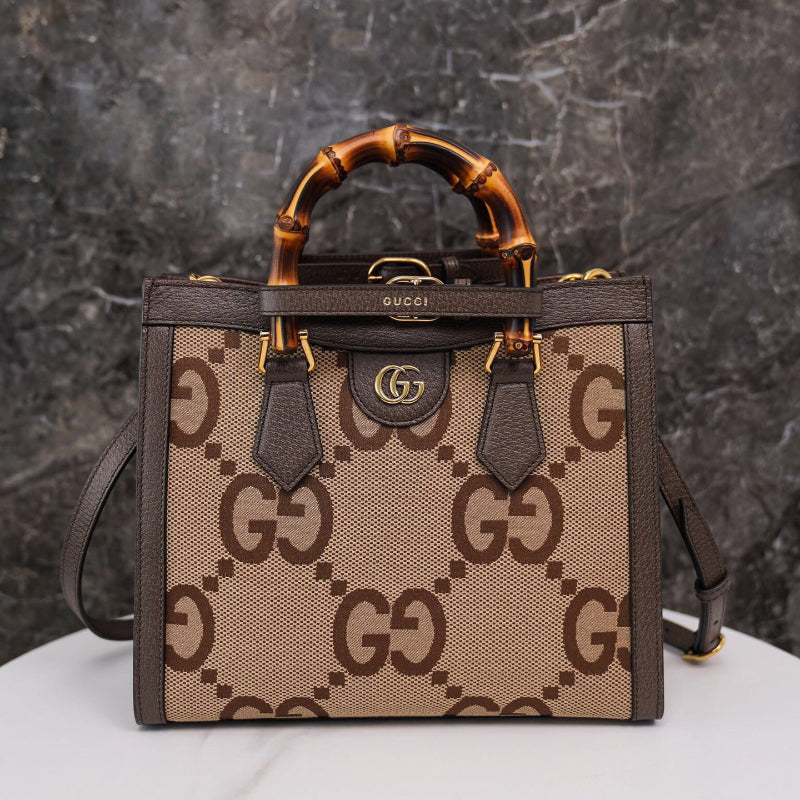 Gucci Diana Bamboo Small Tote Bag - GG Supreme Canvas with Leather Trim, Complete Green Packaging
