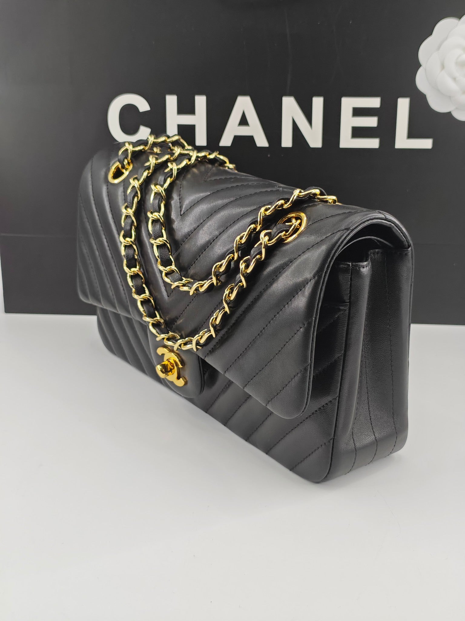 Chanel CF1112 Classic Black Gold Lambskin Bag | Stamped Chip Edition | 24K Gold Plated Hardware | Luxury Choice for Gatherings