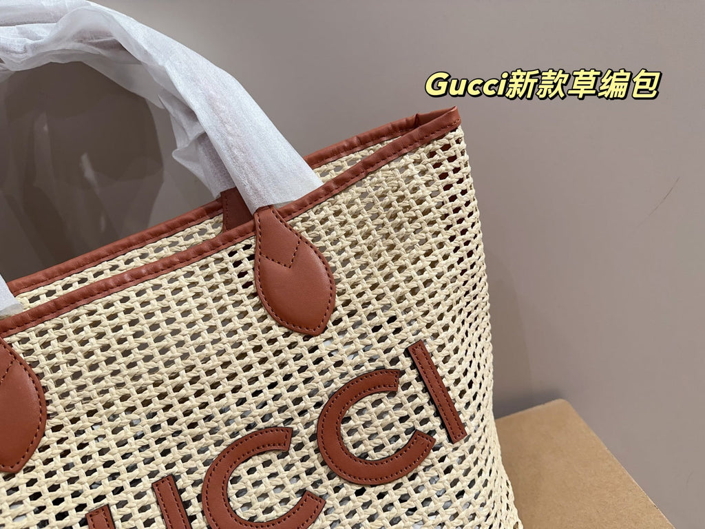 GUCCI Raffia Tote Bag with Gift Box 30x29cm 2024 Summer New Woven Beach Bag Designer Vacation Essential