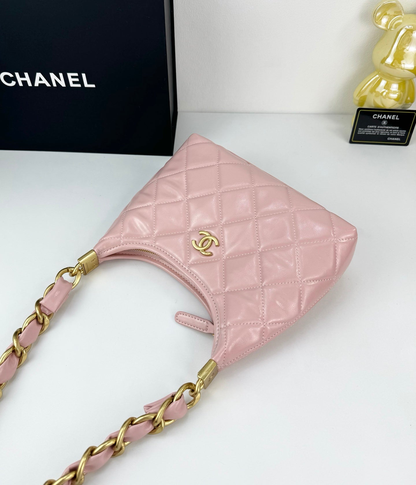 Chanel Sakura Pink Hobo Bag | 24K Gold Chunky Chain Strap | 22cm Lightweight Wax Leather Crossbody