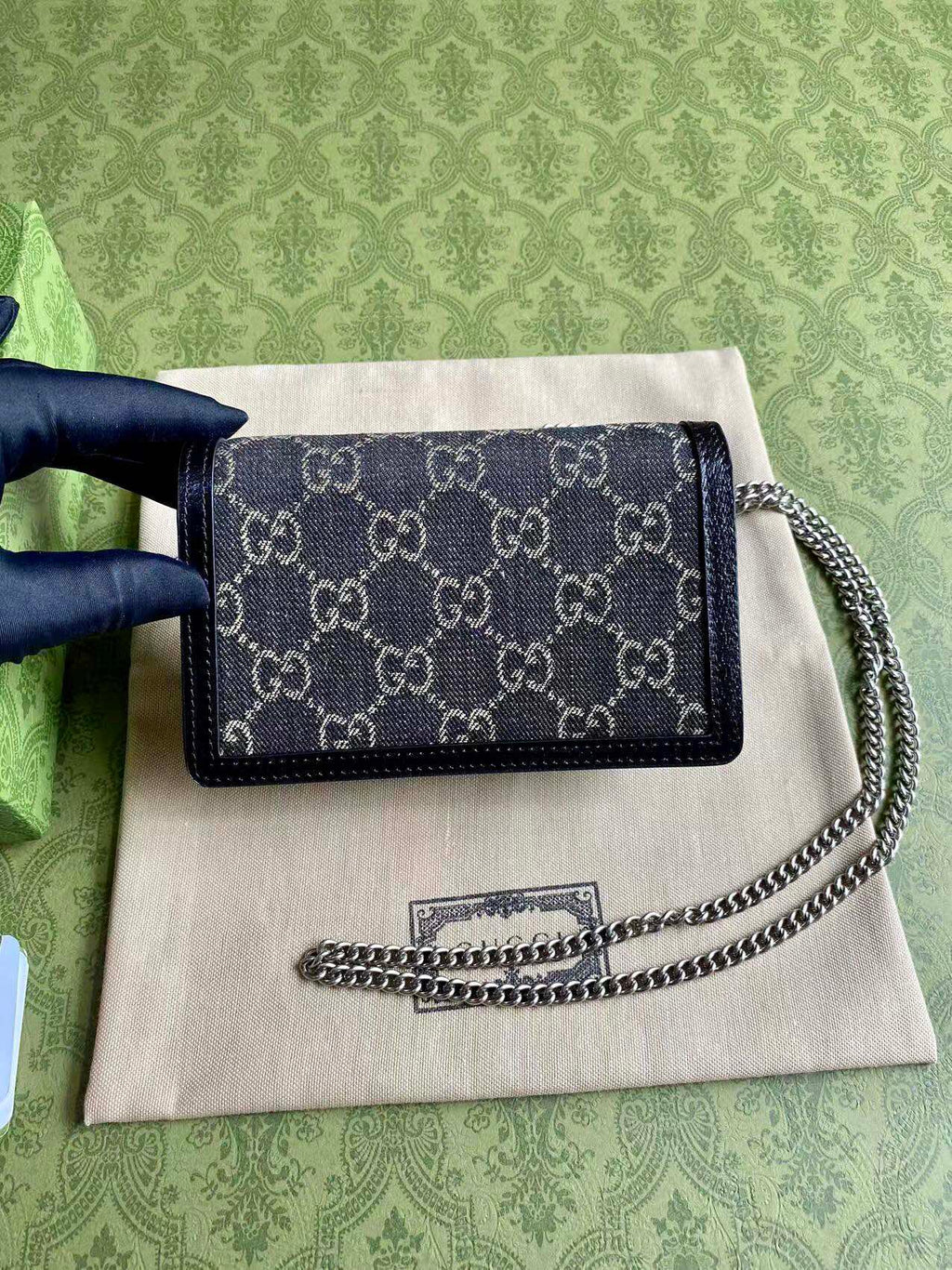 Gucci Dionysus Black Denim Mini Chain Bag Tiger Head Closure Style 476432