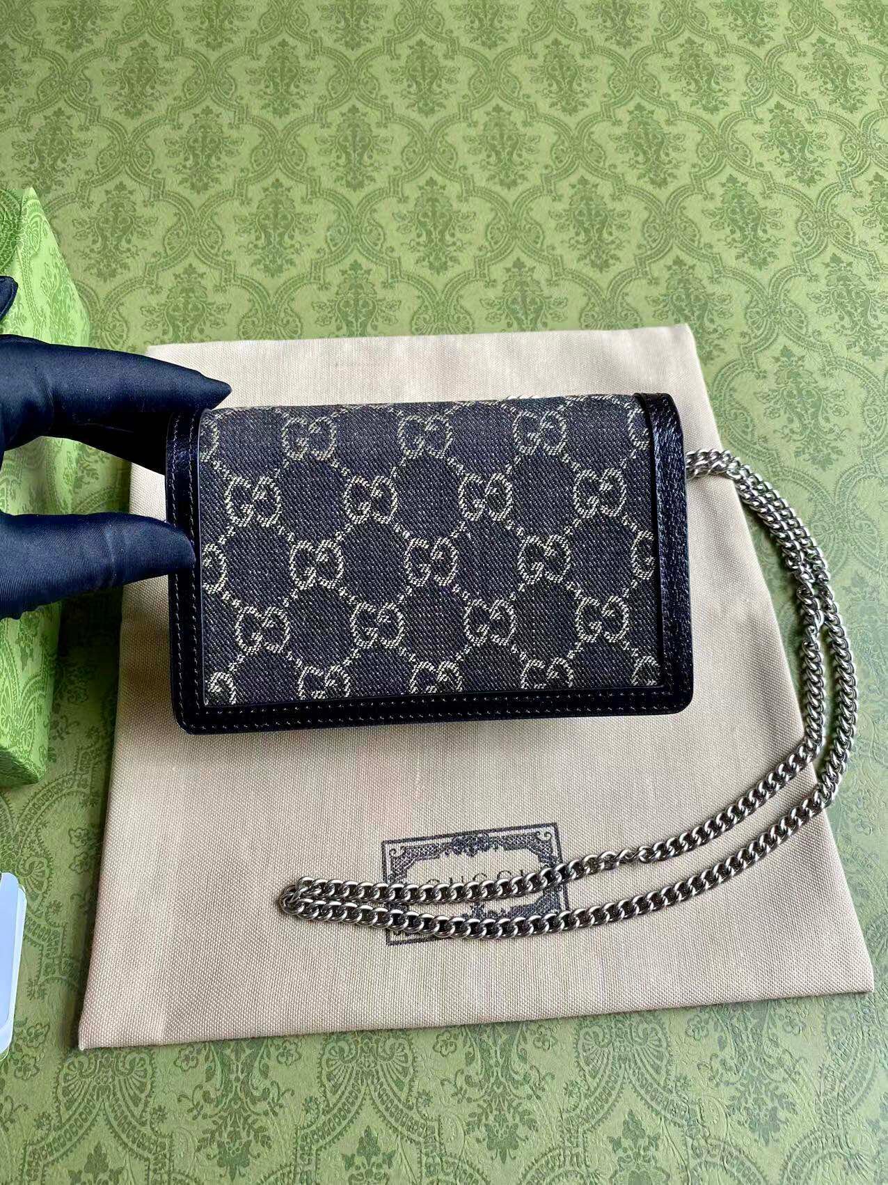 Gucci Dionysus Black Denim Mini Chain Bag Tiger Head Closure Style 476432
