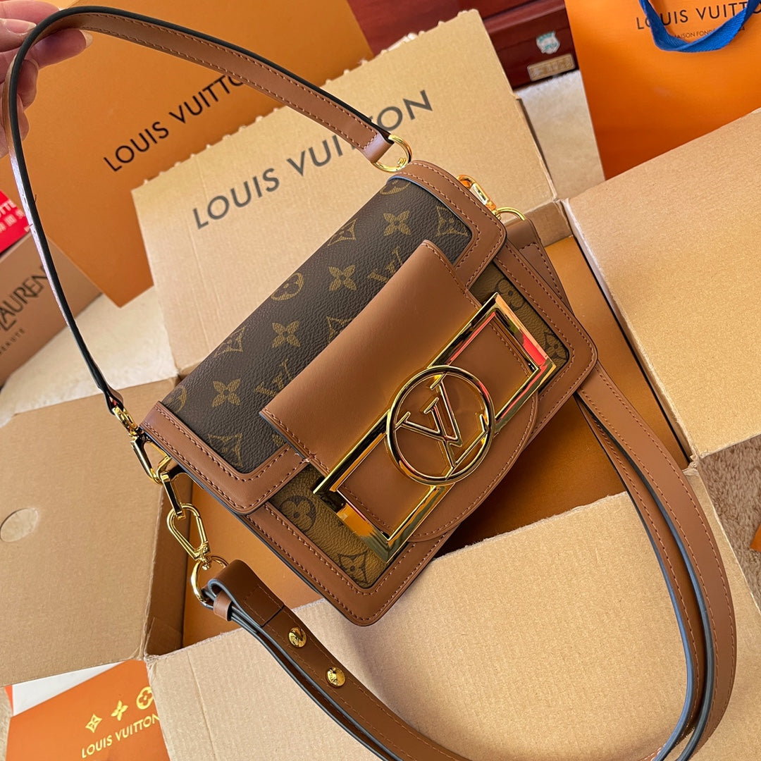 Louis Vuitton 2023 Spring Summer New Dauphine Bag with Oversized Logo, Gold Hardware, Futuristic Design, Foldable Gift Box & Airplane Box (20*13cm)
