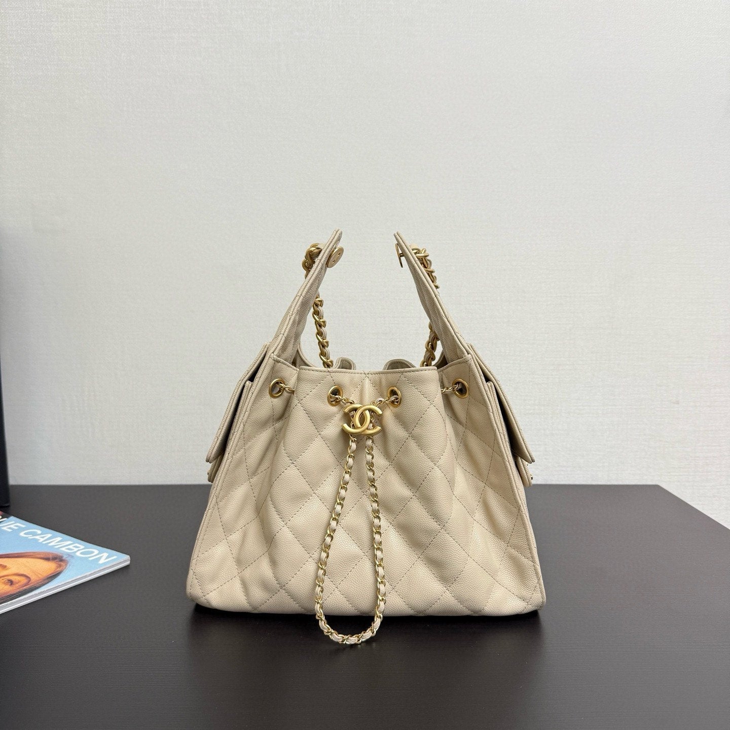 25C HOBO Adjustable Chain Bucket Bag - Genuine Leather Multi-functional Crossbody Travel Bag with Dual Side Pockets (30*26*14cm)