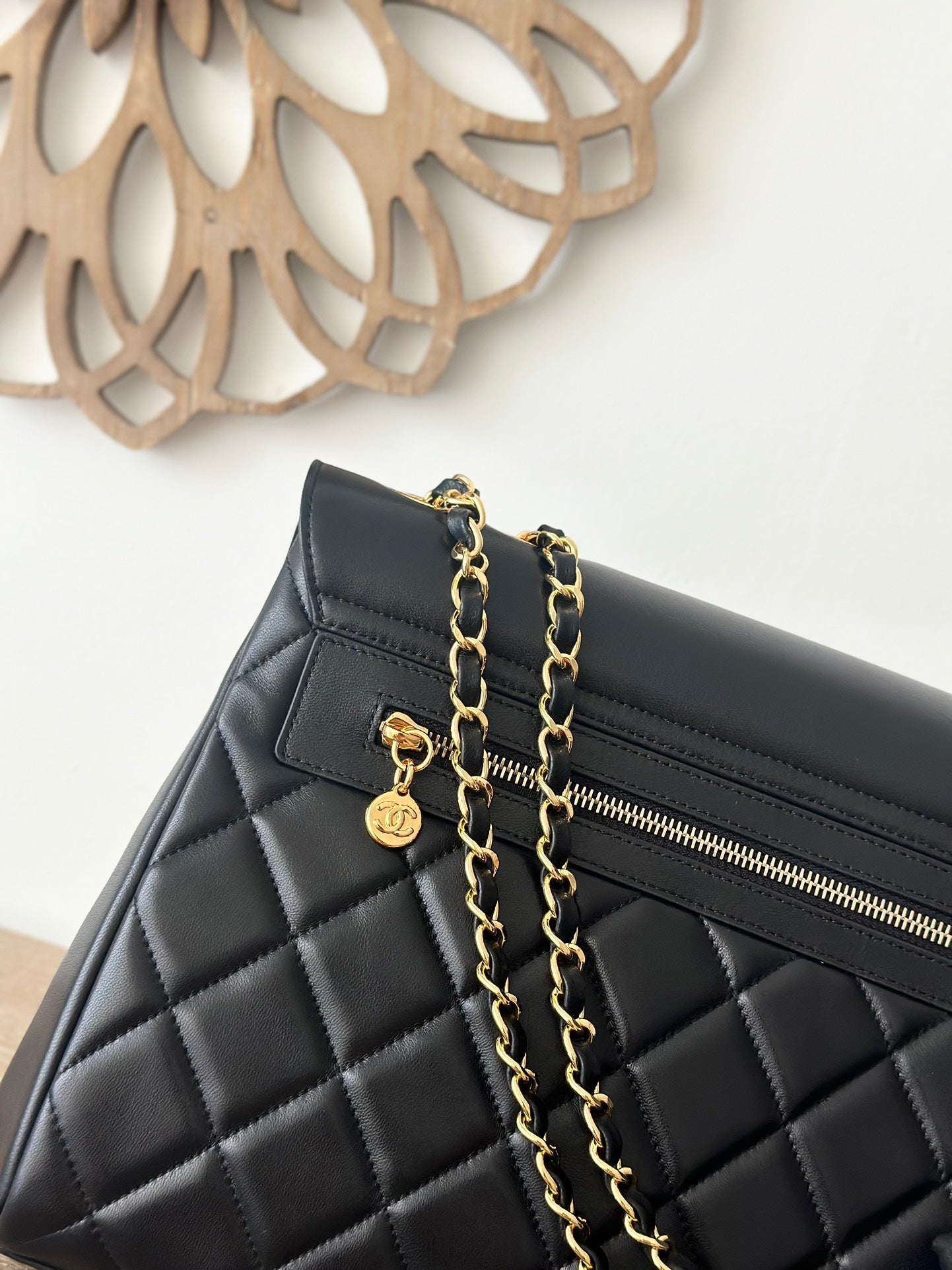 CHANEL Black Lamb Skin Double Chain Shoulder Bag 33x23x11cm | Caviar Quilted Series, Spacious Fiber Lining