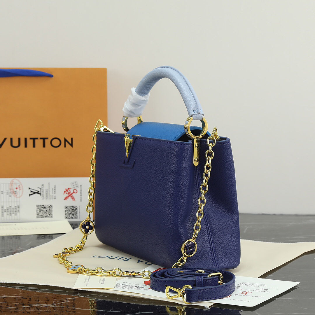 Louis Vuitton Capucines bb Blue Pebbled Leather Bag 27x18x10cm | Celebrity Street Style, Detachable Strap & Twist Lock