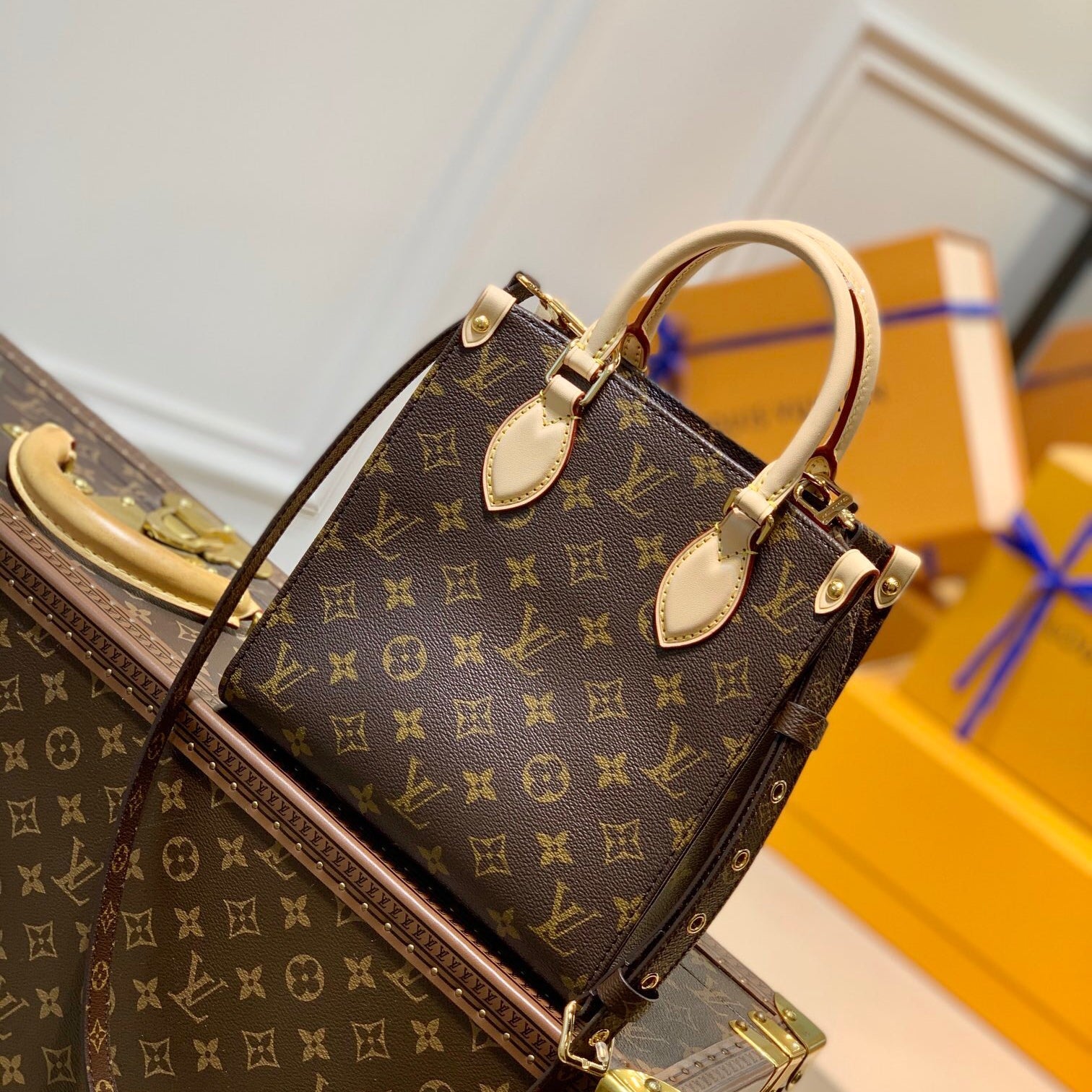 Full Set Packaging  Designer Inspired Sac Plat Mini Tote Bag 20cm - Embossed Canvas Work Bag with Detachable Strap