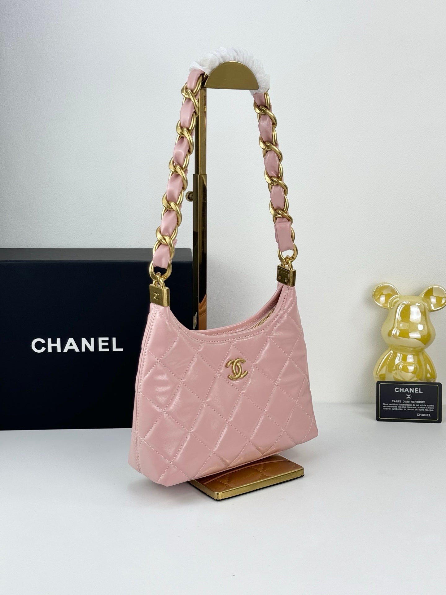 Chanel Sakura Pink Hobo Bag | 24K Gold Chunky Chain Strap | 22cm Lightweight Wax Leather Crossbody