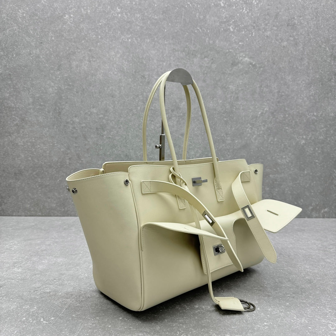 Balenciaga Bel Air Leather Tote Bag - Medium Silver White | 30x29x16cm Carry-All Designer Handbag