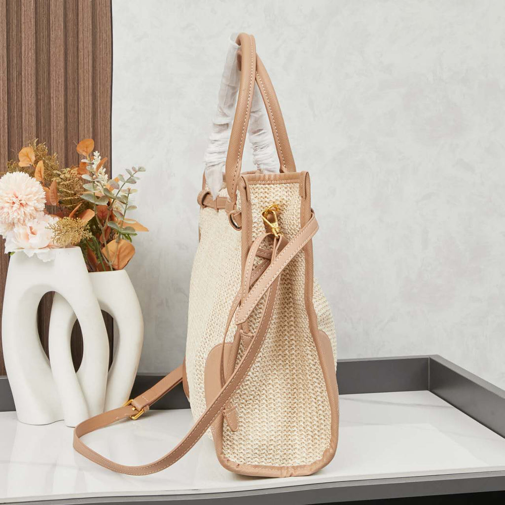 🌴 PRADA Raffia Tote Bag 38x30x12｜Waterproof Lining & Detachable Strap｜Summer Woven Beach Bag