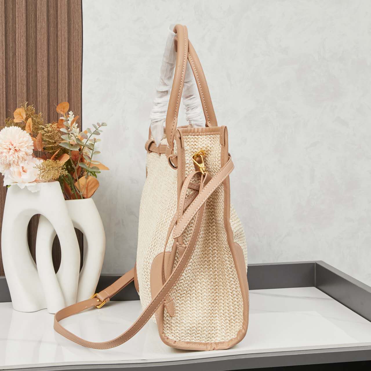 🌴 PRADA Raffia Tote Bag 38x30x12｜Waterproof Lining & Detachable Strap｜Summer Woven Beach Bag