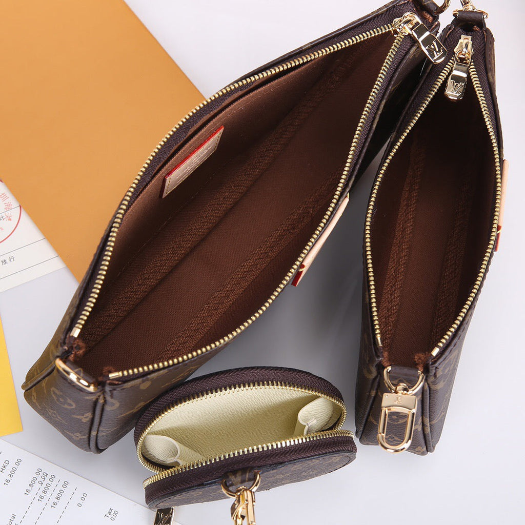 Luxury 3-in-1 Monogram Canvas Handbag Set | Multi-Pochette Crossbody Bag 24cm (Emerald/Pink/Caramel) with Full Packaging